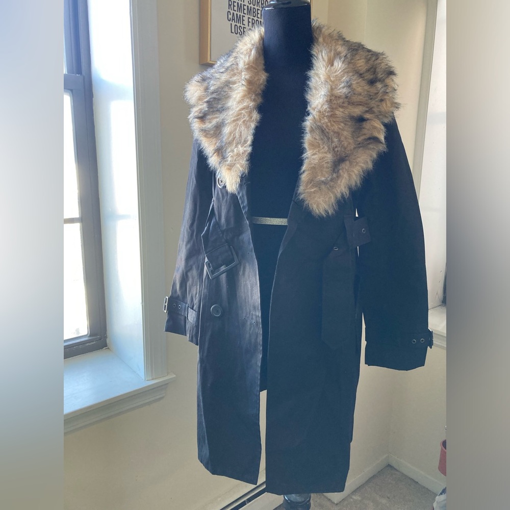 BB Dakota Black Trench Coat with Faux Fur Collar